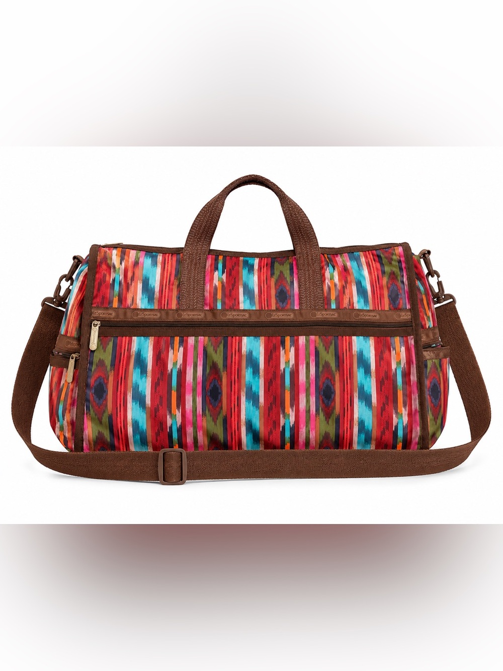 LeSportsac Multicolor Ikat Travel Duffel Bag with Brown Trim EUC